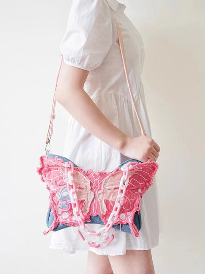 Original Design Butterfly Tassel Denim Wide Shoulder Strap Crossbody Bag - The Number 1 Things