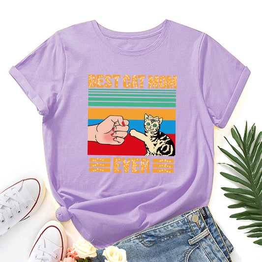 European And American Women's Clothing Creative Kitten Print Loose Round Neck Short Sleeve - The Number 1 Things