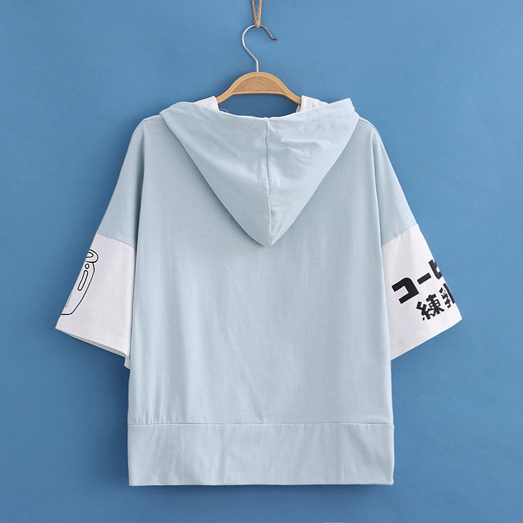 Childlike Sweet Milk Carton Print Hooded Colorblock Short Sleeve Hoodie