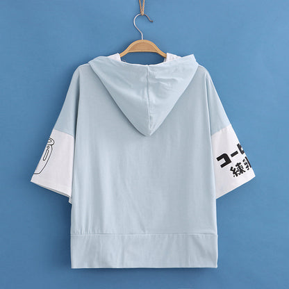 Childlike Sweet Milk Carton Print Hooded Colorblock Short Sleeve Hoodie