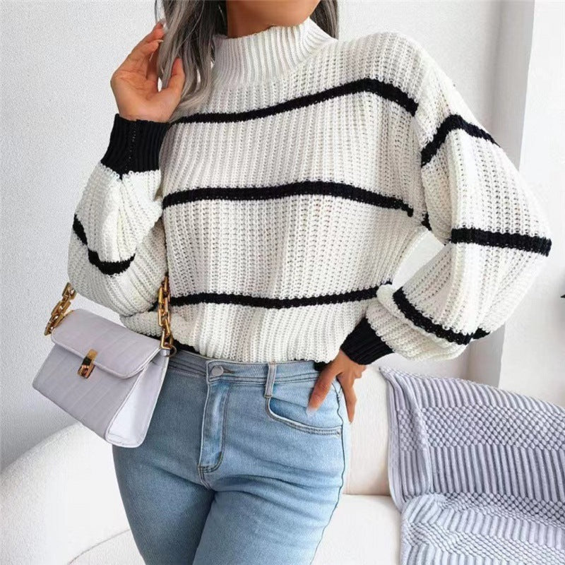 Contrast Color Striped Sweater New Half Turtleneck Pullover Top - The Number 1 Things