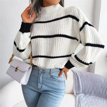 Contrast Color Striped Sweater New Half Turtleneck Pullover Top - The Number 1 Things