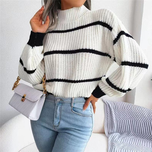 Contrast Color Striped Sweater New Half Turtleneck Pullover Top - The Number 1 Things