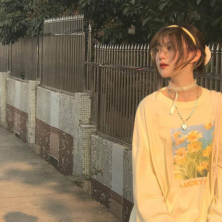 Autumn Japanese Oil Painting Style Sweet Flower Printed Long-sleeved Top - The Number 1 Things