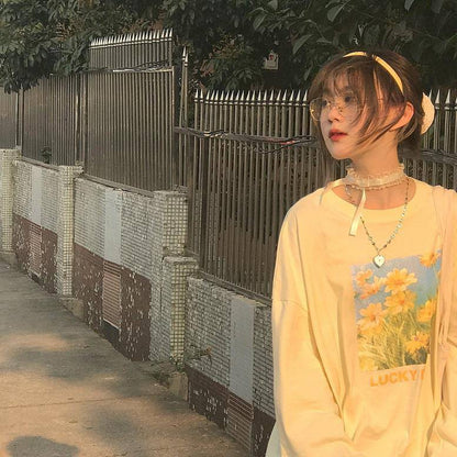 Autumn Japanese Oil Painting Style Sweet Flower Printed Long-sleeved Top - The Number 1 Things