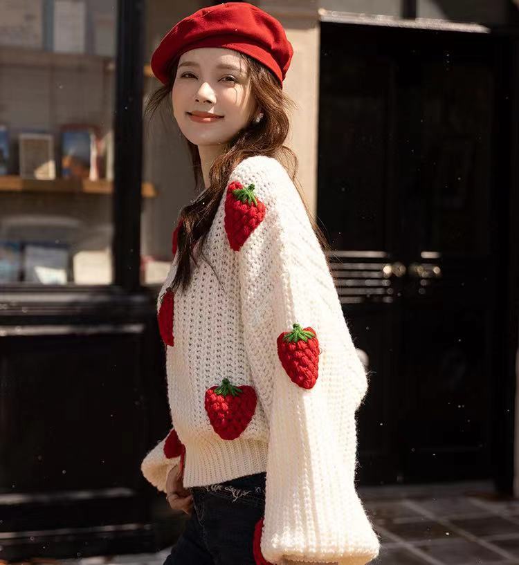 Women's Loose Strawberry Crocheted Knitted Pullover Sweater Top - The Number 1 Things