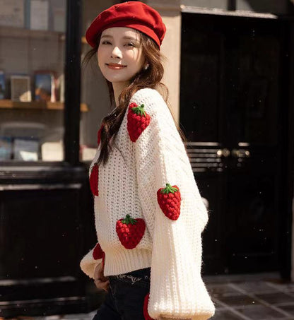 Women's Loose Strawberry Crocheted Knitted Pullover Sweater Top - The Number 1 Things
