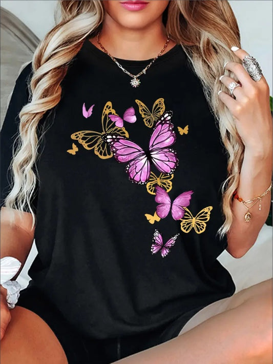 Women's Butterfly Print Casual Summer T-Shirt, Crew Neck Short Sleeve Top, Lightweight & Comfortable Style - The Number 1 Things