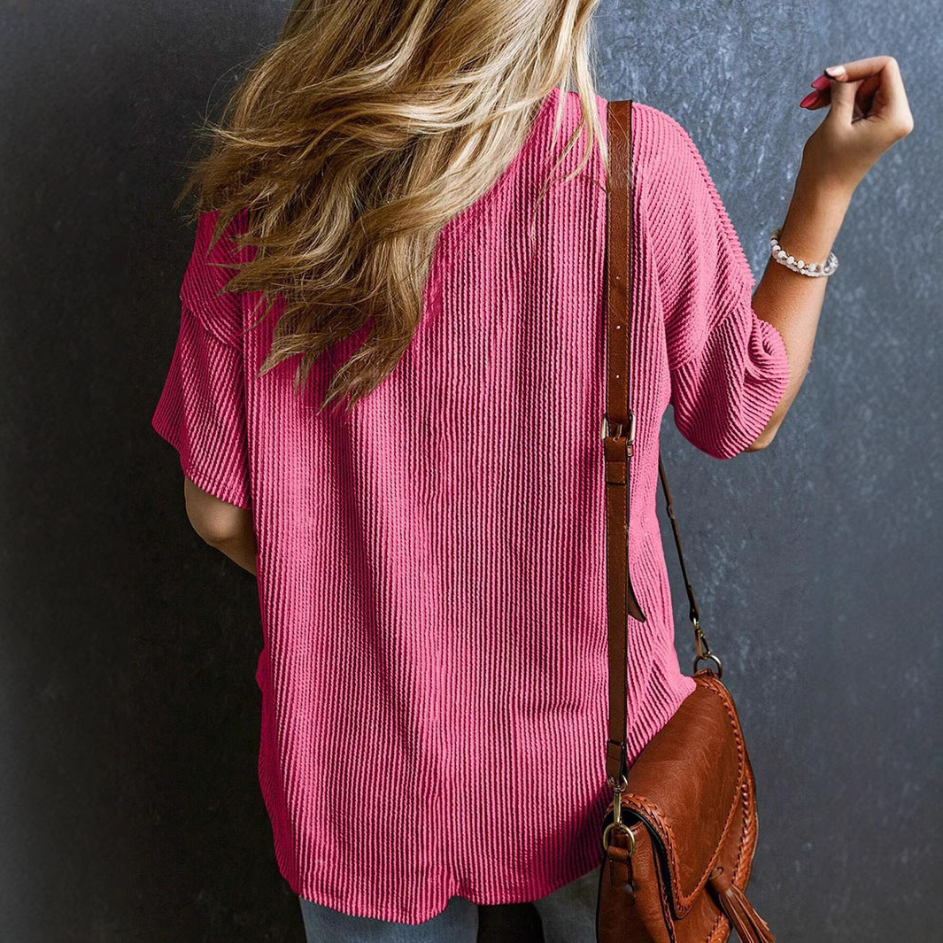 Fashionable Two-tone Pullover Short Sleeve V-neck Top For Women - The Number 1 Things
