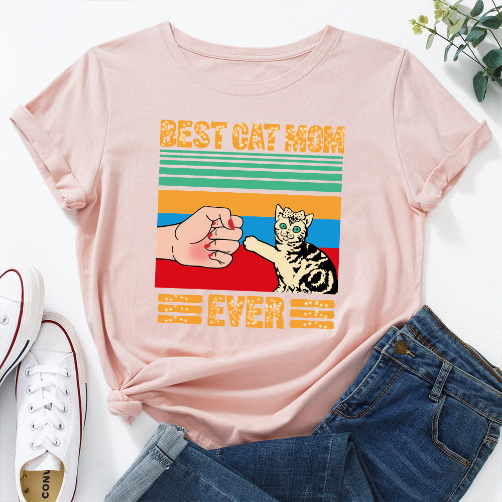 European And American Women's Clothing Creative Kitten Print Loose Round Neck Short Sleeve - The Number 1 Things