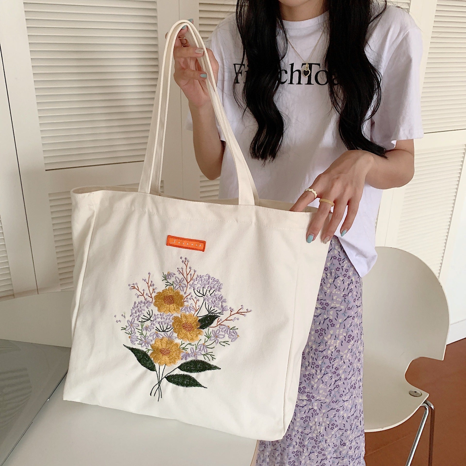 Korean Version Embroidered Flower Canvas Bag Ins Lazy Style Art College Students - The Number 1 Things