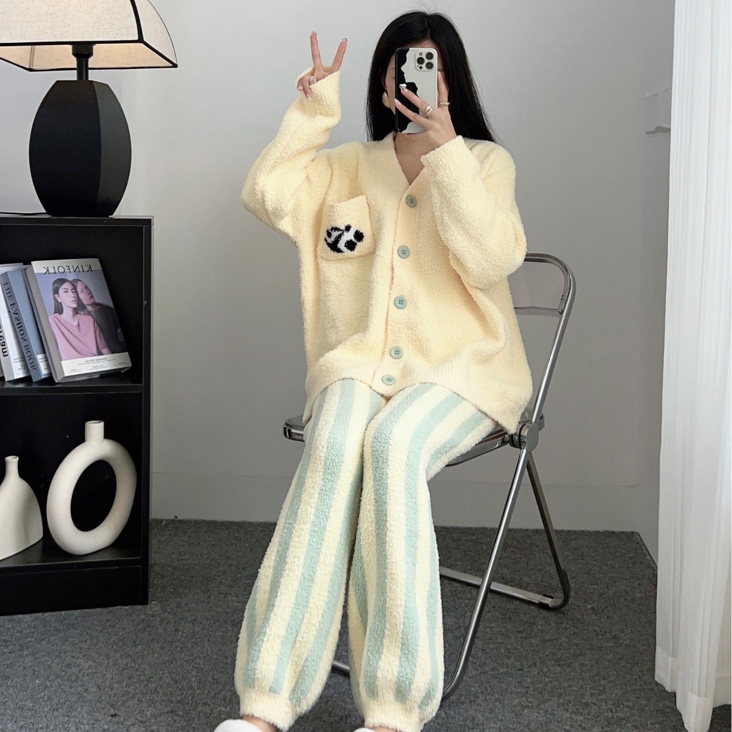 Thick Stripes Soft Panda Coral Fleece Home Wear Suit