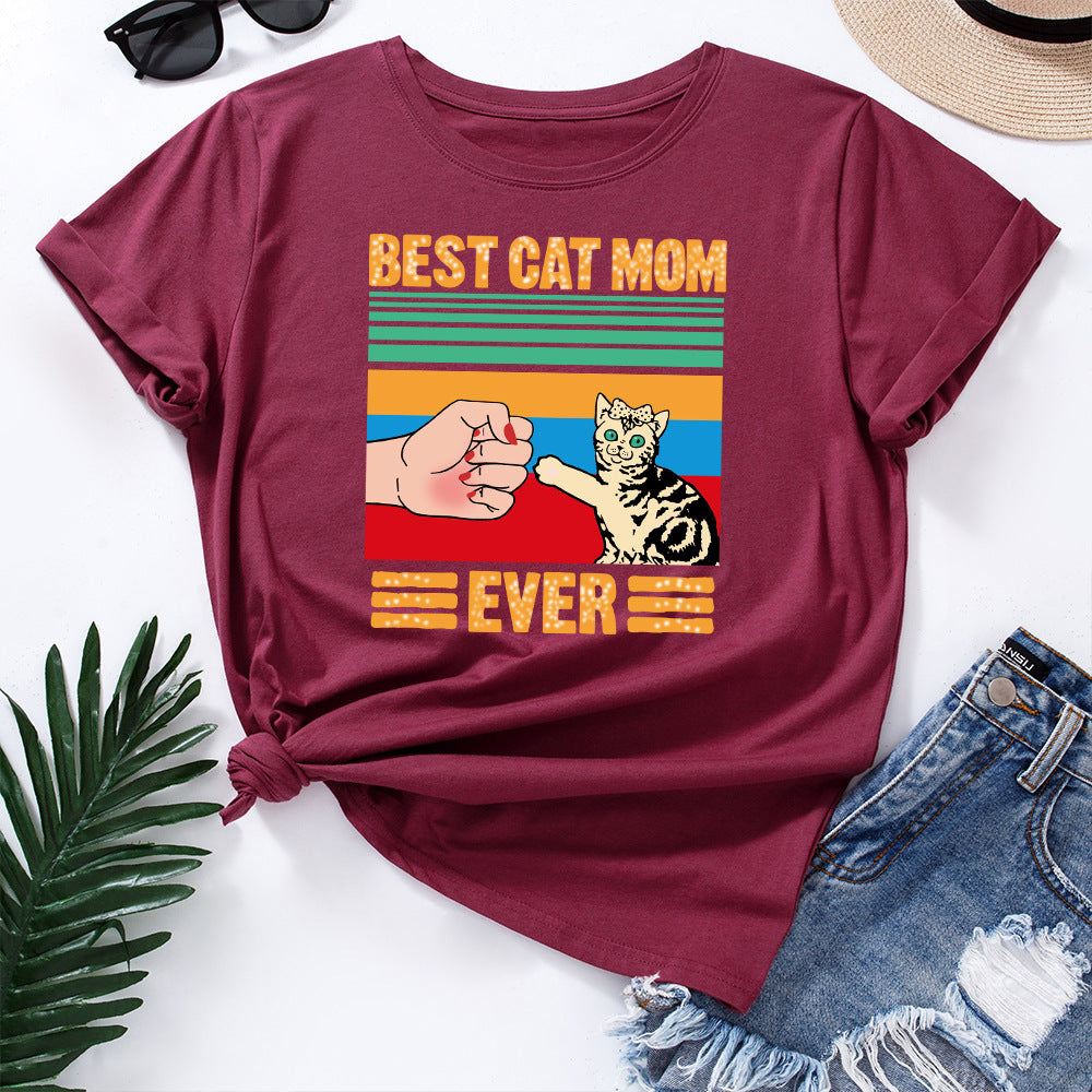European And American Women's Clothing Creative Kitten Print Loose Round Neck Short Sleeve - The Number 1 Things