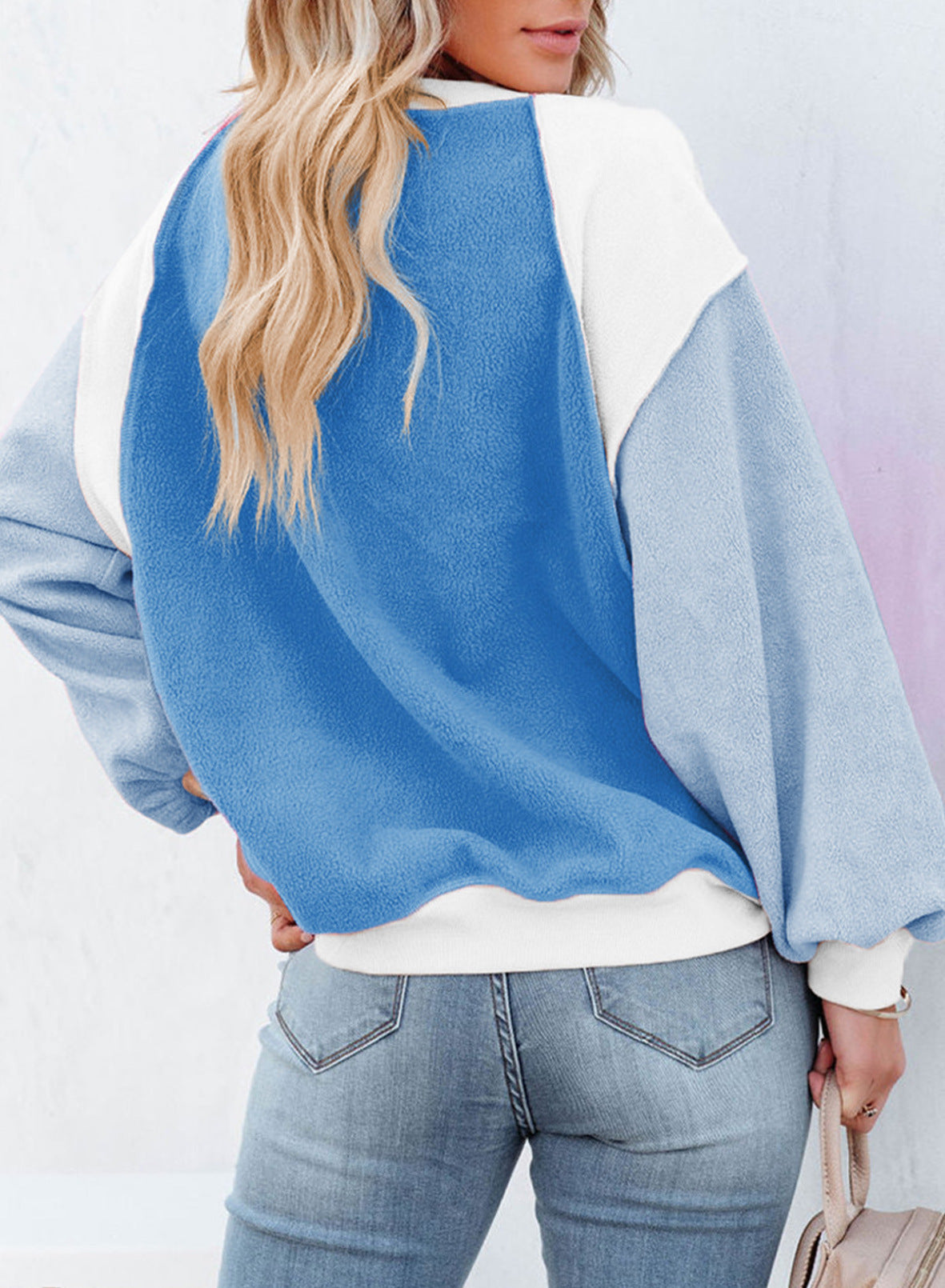 Fleece Lantern Sleeve Sweater Plush Contrast Color Long Sleeve Pullover Top - The Number 1 Things
