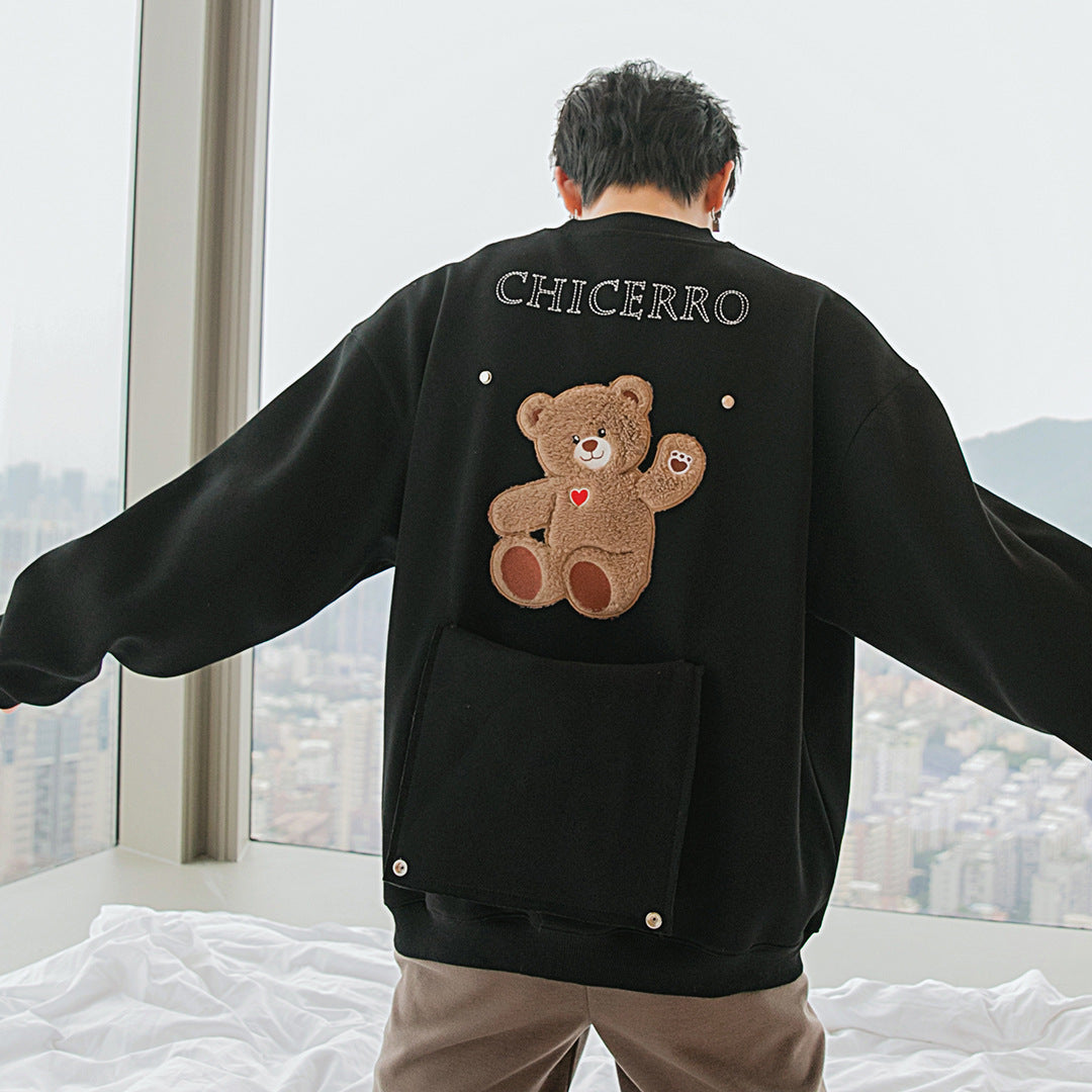 Turtleneck Long-sleeved Top Design Sense Of Flocking Letters On The Back Cute Bear Loose Round Neck Sweater