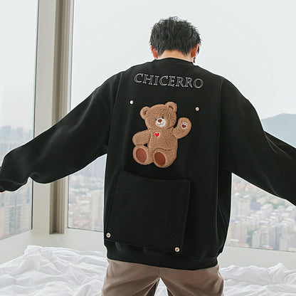 Turtleneck Long-sleeved Top Design Sense Of Flocking Letters On The Back Cute Bear Loose Round Neck Sweater