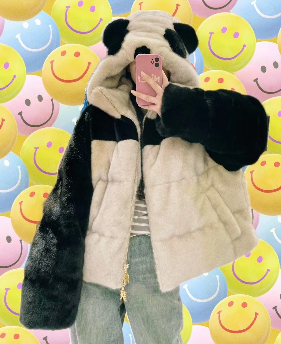 Retro Loose Youthful-looking Handmade Old Panda Hooded Down Jacket Coat For Women