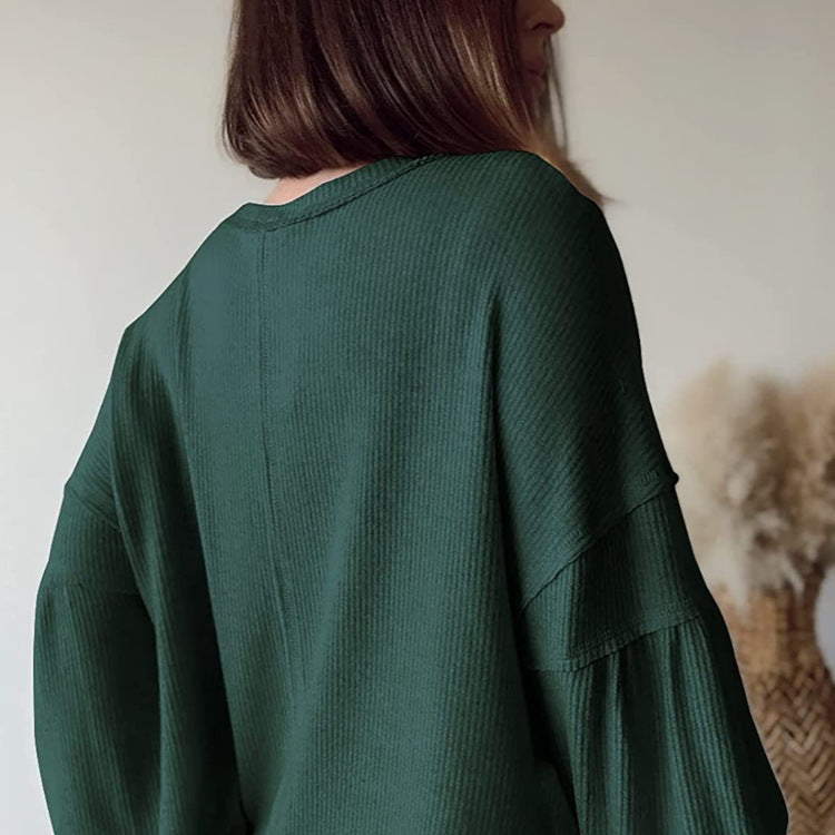 Casual V-neck Pocket Lantern Sleeve Loose Knitted Pullover Shirt Women - The Number 1 Things