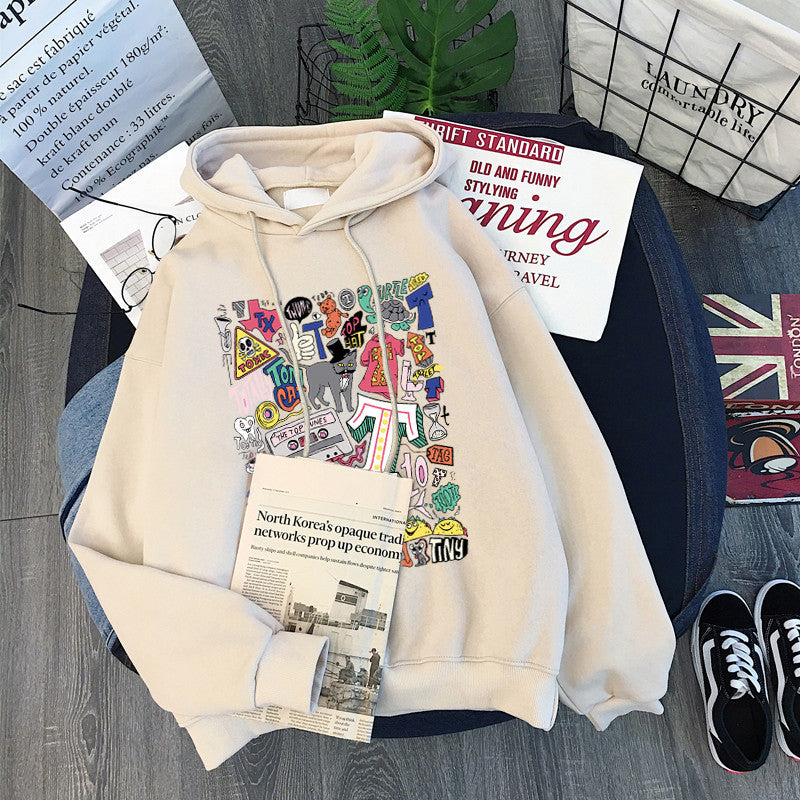 Women's Loose Cartoon Letter Hooded Plus Fleece Sweater - The Number 1 Things