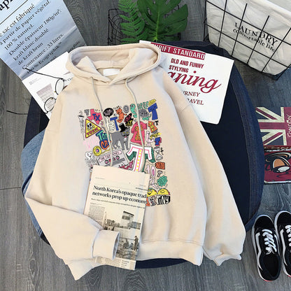 Women's Loose Cartoon Letter Hooded Plus Fleece Sweater - The Number 1 Things