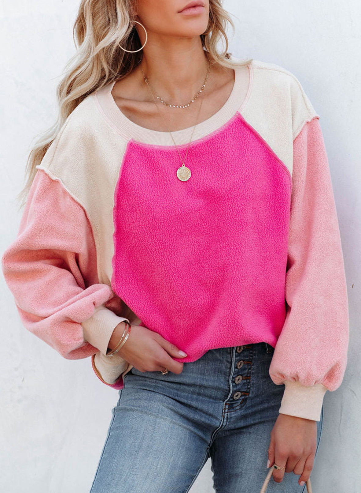 Fleece Lantern Sleeve Sweater Plush Contrast Color Long Sleeve Pullover Top - The Number 1 Things