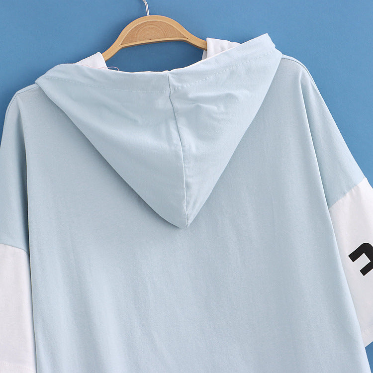 Childlike Sweet Milk Carton Print Hooded Colorblock Short Sleeve Hoodie