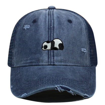 Water Washed Hole Panda Embroidered Baseball Cap