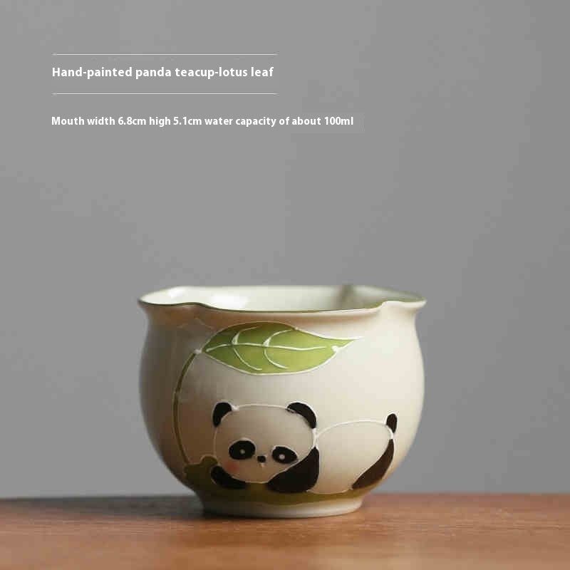 Hand Painted Panda Tea Cup Grass Wood Gray Ceramic High Temperature Underglaze Color