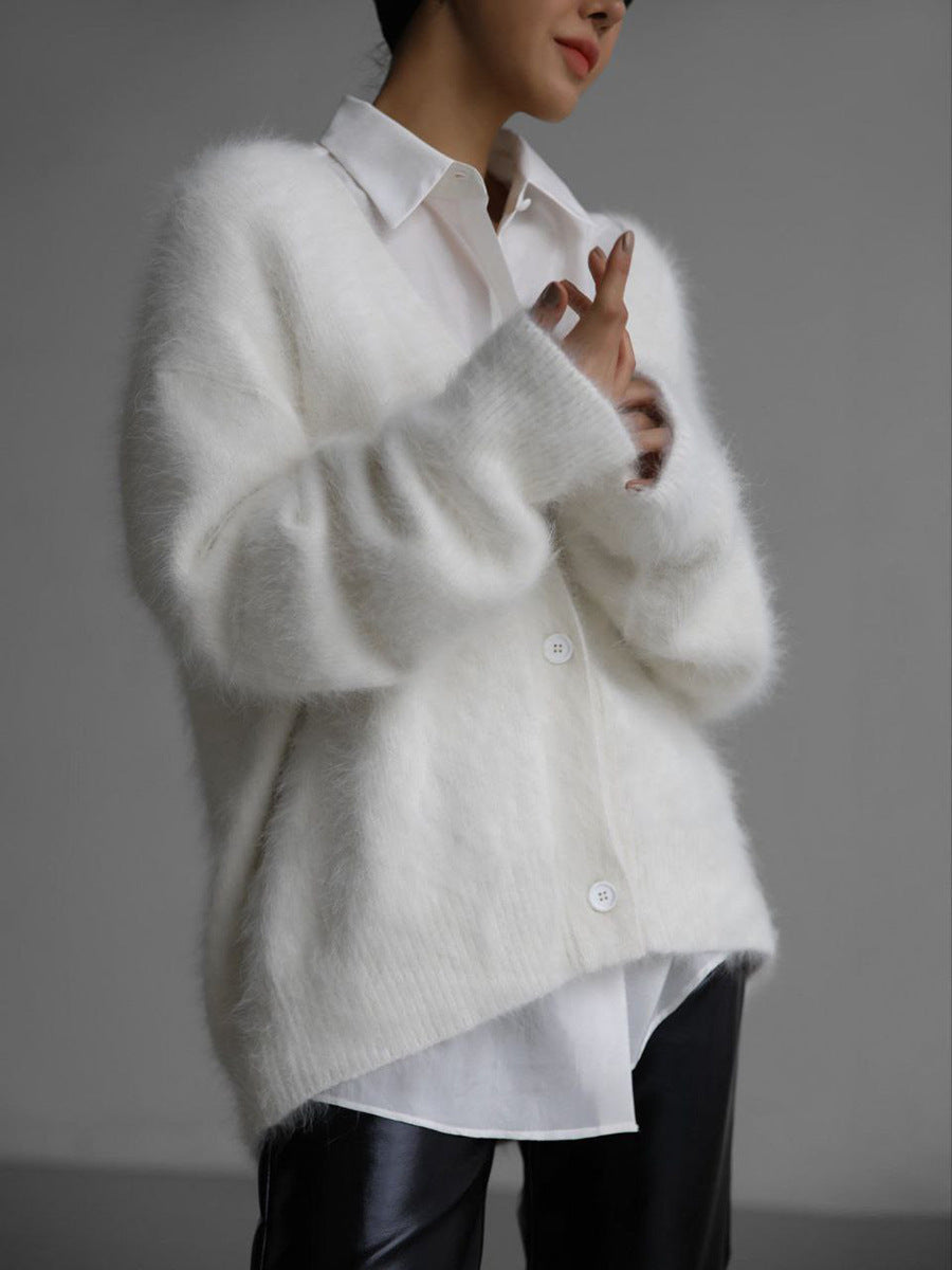 Loose V-Neck Button Cardigan Soft Fur Sweater For Women