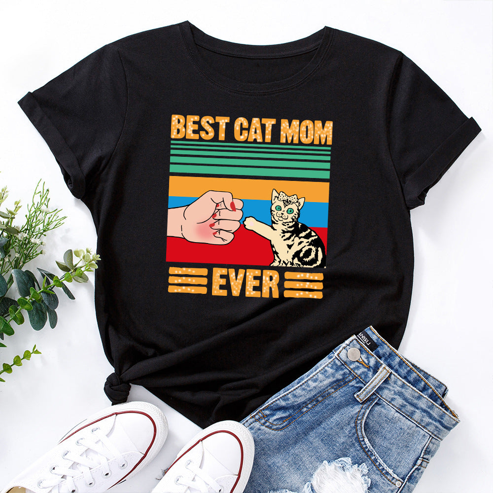 European And American Women's Clothing Creative Kitten Print Loose Round Neck Short Sleeve - The Number 1 Things