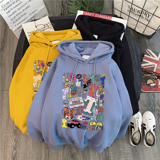Women's Loose Cartoon Letter Hooded Plus Fleece Sweater - The Number 1 Things