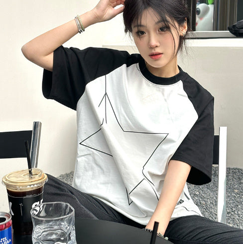 White Raglan Sleeve XINGX Printing Color Contrast Niche Design Top - The Number 1 Things