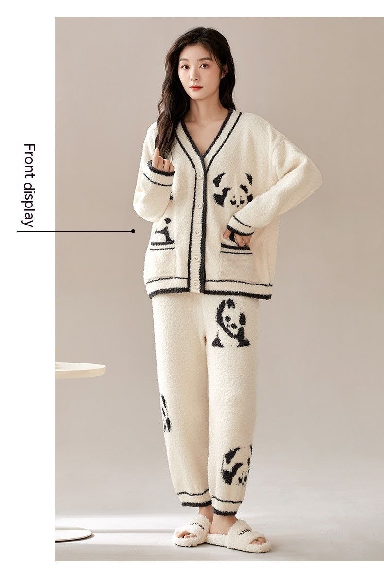 Coral Velvet Pajamas Women's Velvet Thickening Outfit Autumn And Winter Half Velvet Panda Home Wear Can Be Worn Outside