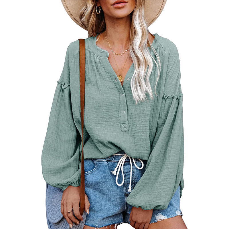 V-neck Lantern Sleeve Cotton Shirt Pullover - The Number 1 Things