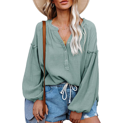 V-neck Lantern Sleeve Cotton Shirt Pullover - The Number 1 Things