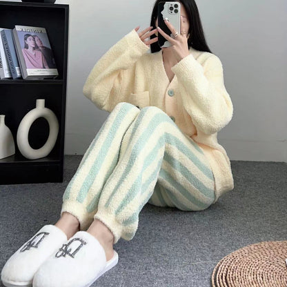 Thick Stripes Soft Panda Coral Fleece Home Wear Suit