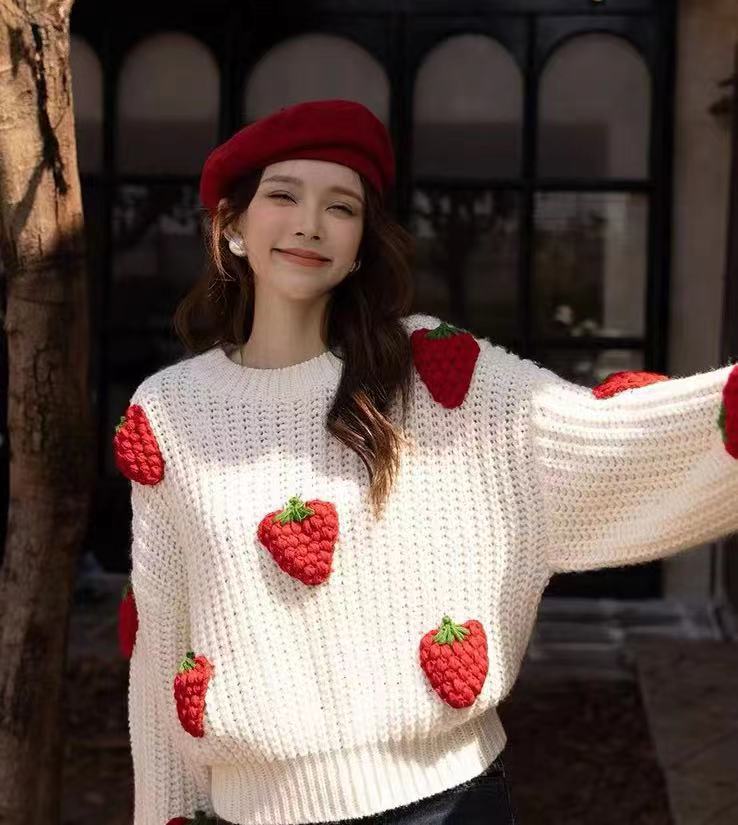 Women's Loose Strawberry Crocheted Knitted Pullover Sweater Top - The Number 1 Things