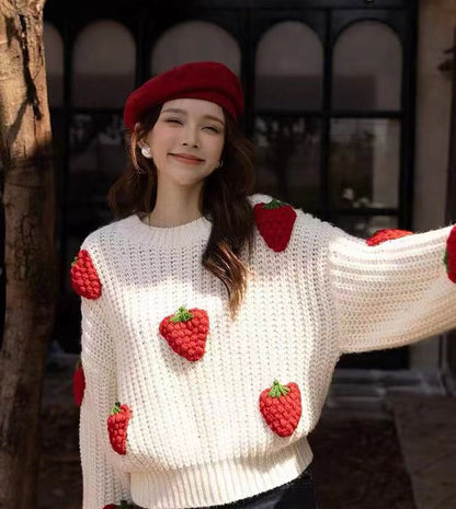 Women's Loose Strawberry Crocheted Knitted Pullover Sweater Top - The Number 1 Things