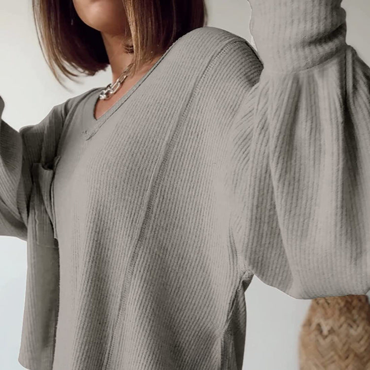 Casual V-neck Pocket Lantern Sleeve Loose Knitted Pullover Shirt Women - The Number 1 Things