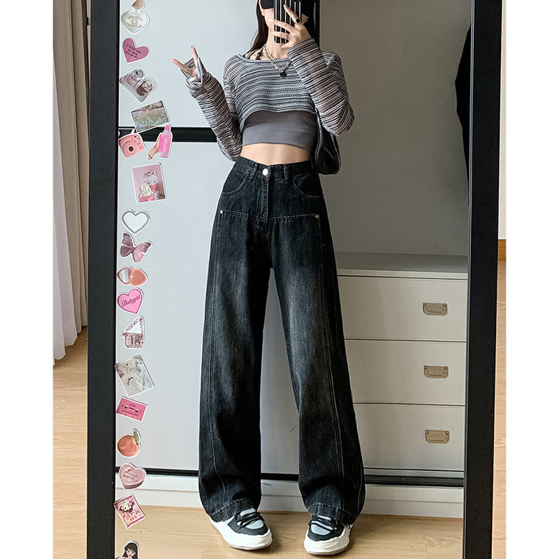 Washed Wide-leg Men And Women Autumn And Winter New Large Size Pear-shaped High Waist Slim Straight Trousers