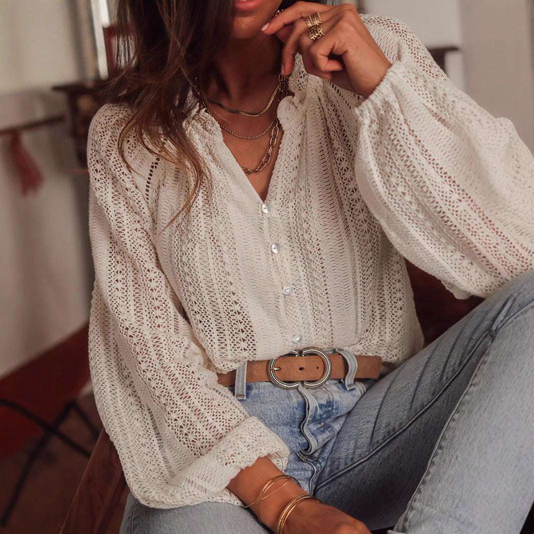 Solid Color Hollow Loose Long Sleeve Top - The Number 1 Things