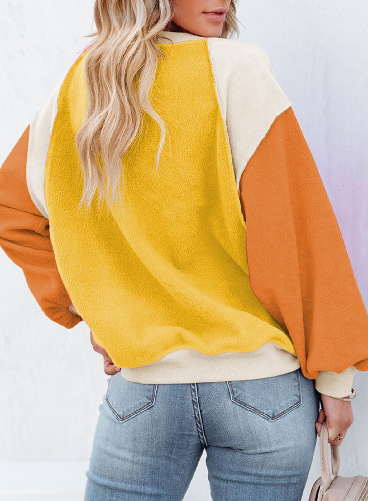 Fleece Lantern Sleeve Sweater Plush Contrast Color Long Sleeve Pullover Top - The Number 1 Things