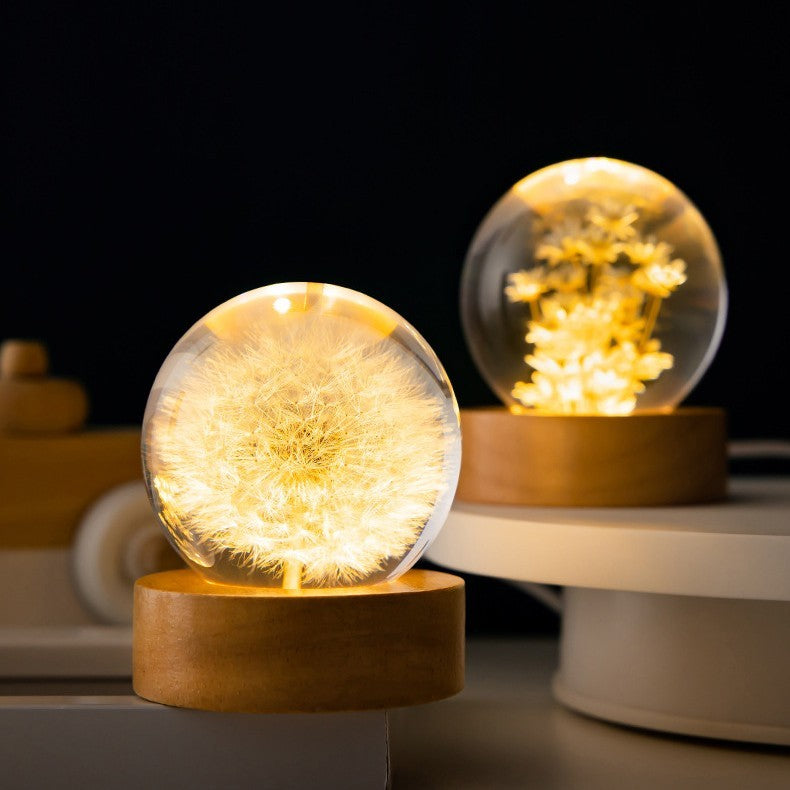 Luminous 3D Dandelion Crystal Ball Beech Wood Stand Base Preserved Flower Sphere Ball Desktop Ornaments Bithday Christmas Gifts - The Number 1 Things