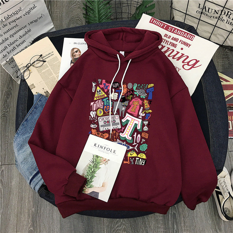 Women's Loose Cartoon Letter Hooded Plus Fleece Sweater - The Number 1 Things