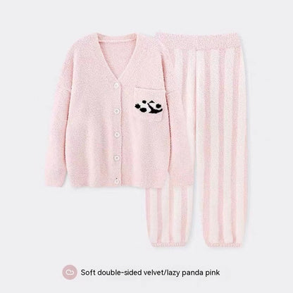 Thick Stripes Soft Panda Coral Fleece Home Wear Suit