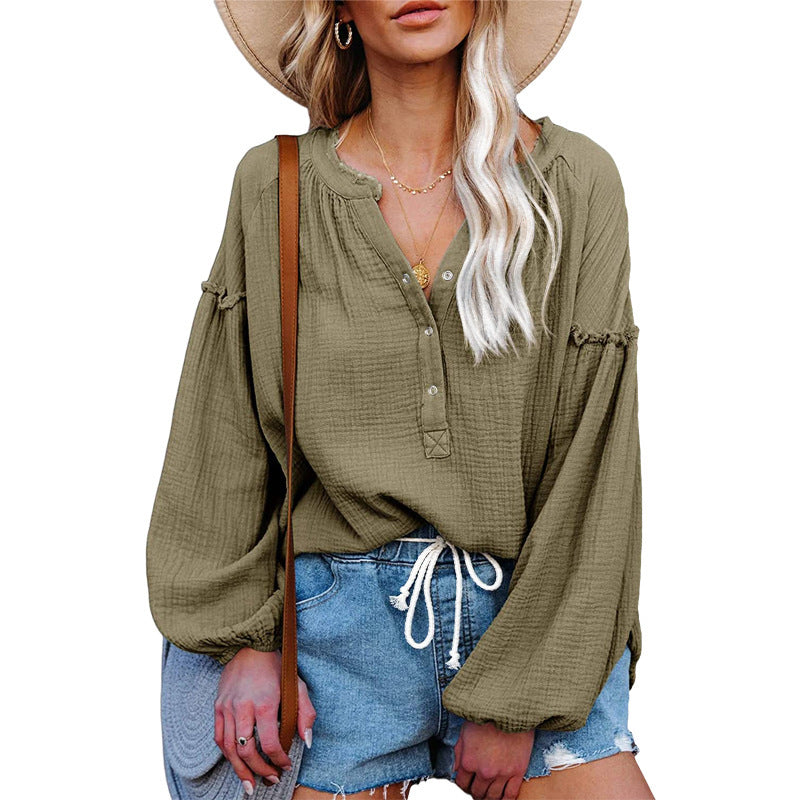 V-neck Lantern Sleeve Cotton Shirt Pullover - The Number 1 Things