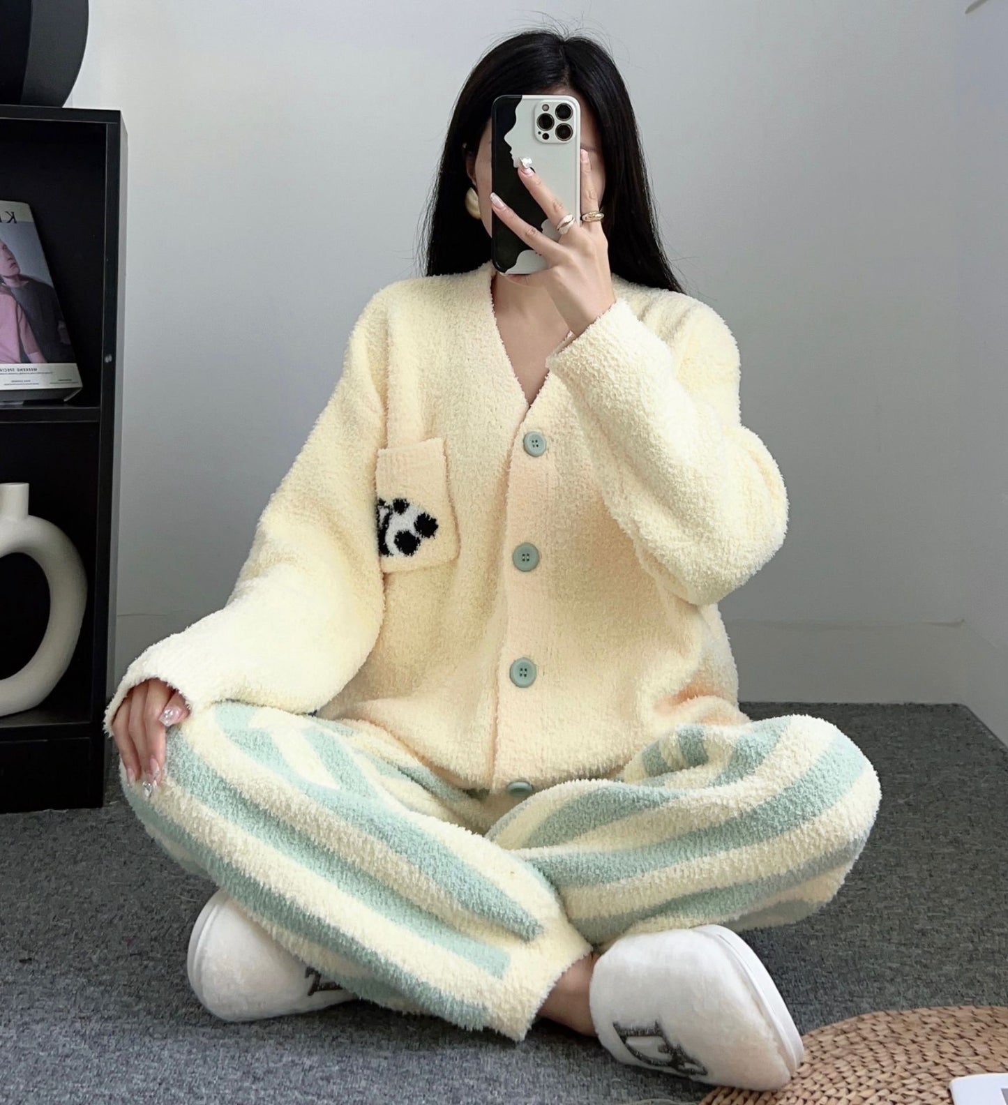 Thick Stripes Soft Panda Coral Fleece Home Wear Suit