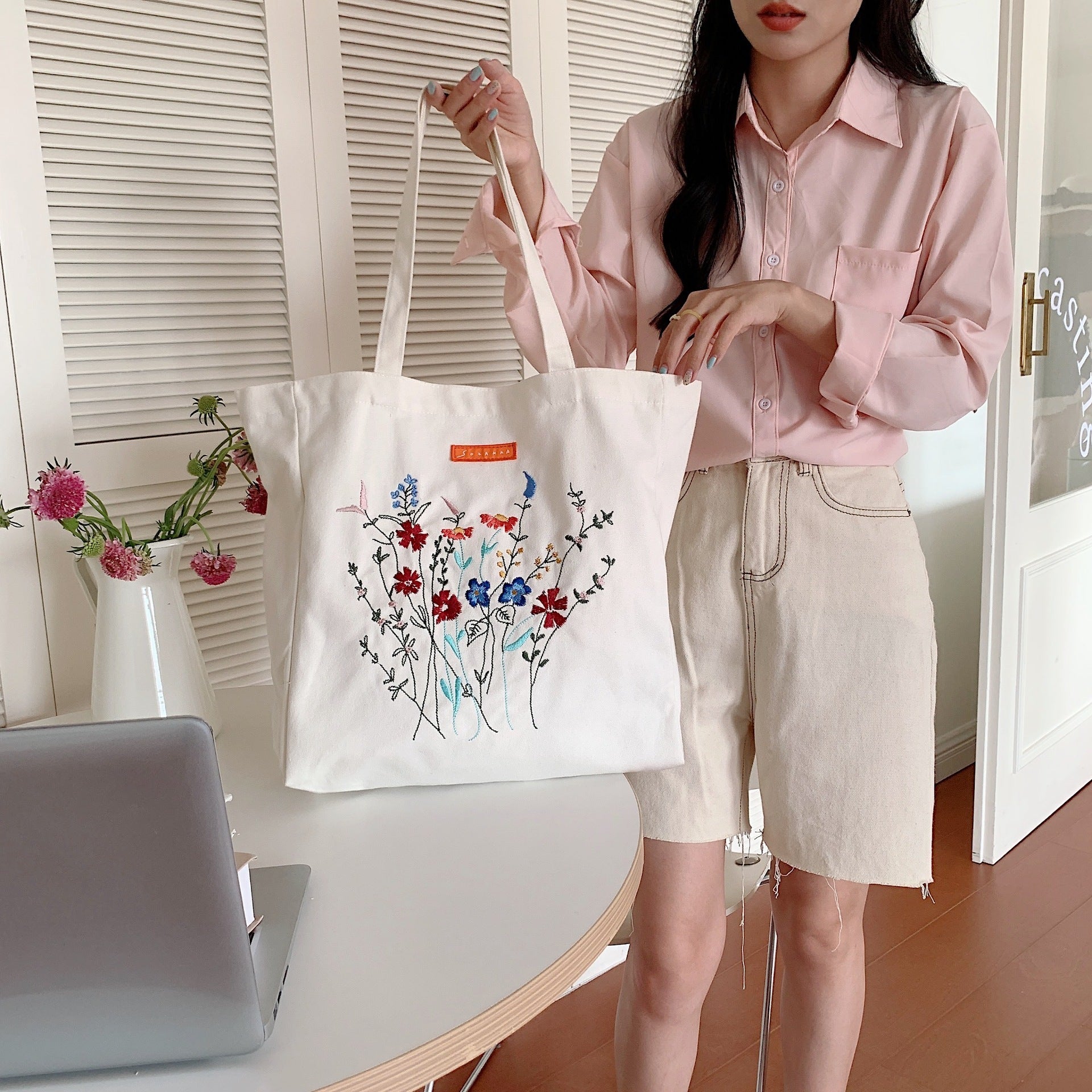 Korean Version Embroidered Flower Canvas Bag Ins Lazy Style Art College Students - The Number 1 Things