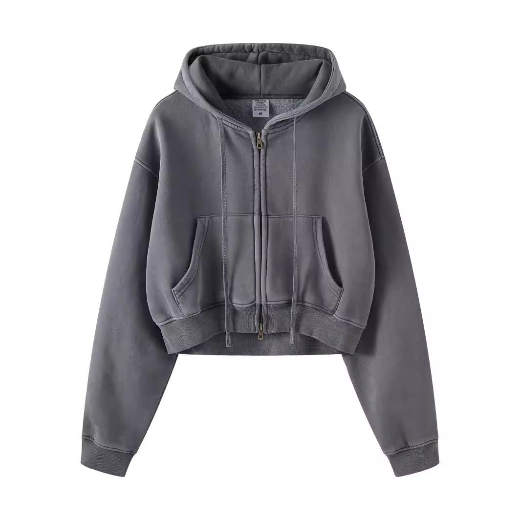 Retro Washed Color Contrast Short Hooded Zip Cardigan Sweater - The Number 1 Things