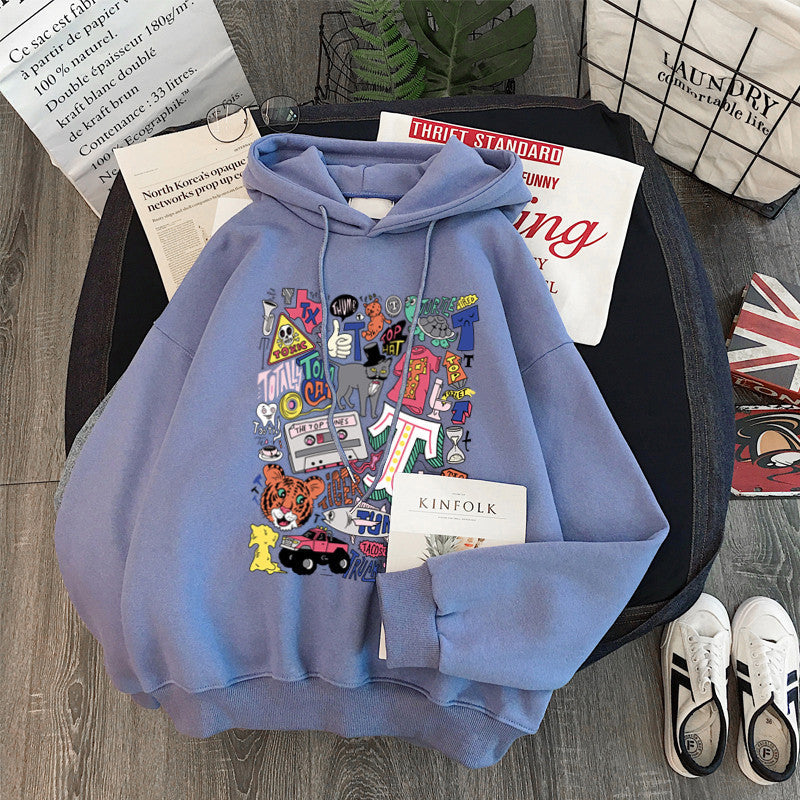 Women's Loose Cartoon Letter Hooded Plus Fleece Sweater - The Number 1 Things